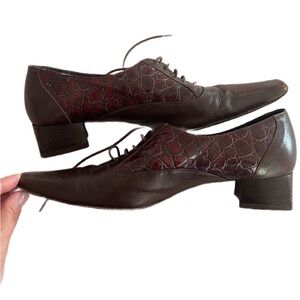 37.5 Made in Italy Leather Shoes Square Toe Low Chunky Heels Laces